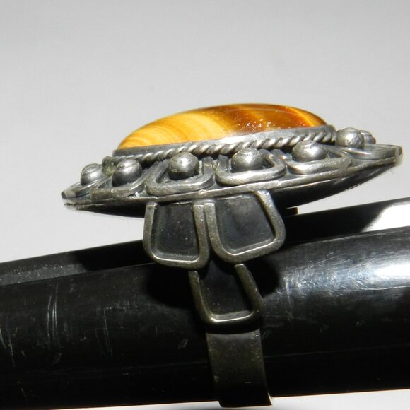 Vintage Taxco Mexico 925 Sterling Silver Tiger Eye Oval Ring Size 6.5 Rare!! - Picture 10 of 14